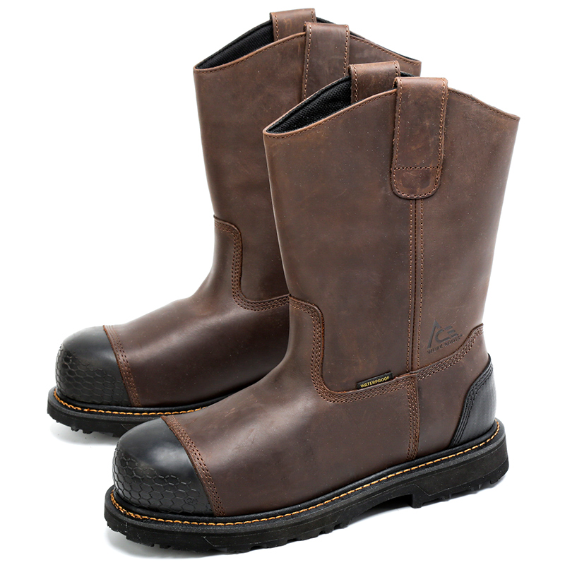Brown industrial pull-on safety boot